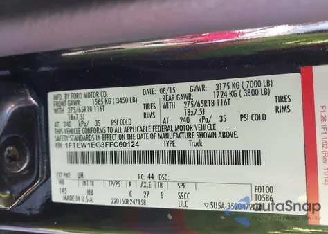 2015 Ford F-150 Lariat from USA, damaged, VIN 1FTEW1EG3FFC60124